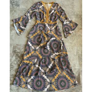 Ella Moon Women's S V-Neck Tiered Ruffle Babydoll MaxiDress Bell Sleeves Multico